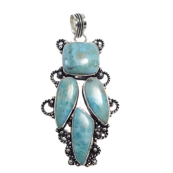 Grand Larimar Quartet Silver Pendant (2.5") with 18" Necklace - Picture 1 of 12